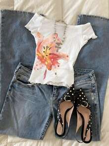 Rina Fox Women's Casual Floral Print Off-Shoulder Top, Summer - White - View 3