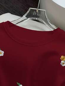 Franclia 女士时尚刺绣骑士圆领卫衣裤套装，含抓绒内衬，色彩鲜艳的刺绣套装，休闲套装 - 酒紅色 - 查看 3