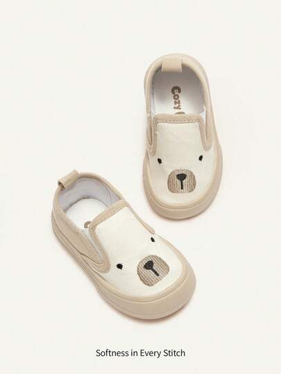 Cozy Pixies 1 Pair New Style Toddlers' Unisex Beige Cute Youthful Slip-On Sneakers, Little Bear Embroidery Decoration, Round Toe, Elastic Band, Comfortable And Lightweight, Casual Baby Shoes, Suitable For Daily Outdoor Activities, Exercise, Party, Holiday And School Outfits, All Seasons