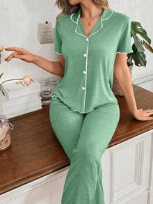 SHEIN 女士绿色经典简约V领开衫长裤家居服套装，休闲日常睡衣 - 綠色 - 查看 6
