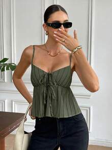 Serisse Women's Striped Spaghetti Strap Tie-Up Ruffle Hem Summer Fashion Camisole - Dark Green - View 4