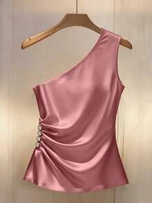 Franclia Elegant Fashion Oblique Collar Pleated Trim Button Decor Women Blouse - Pink - View 3