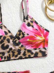 SHEIN Tween Girl Floral & Leopard Print Spaghetti Strap Tankini Bikini Set Set With Skirt