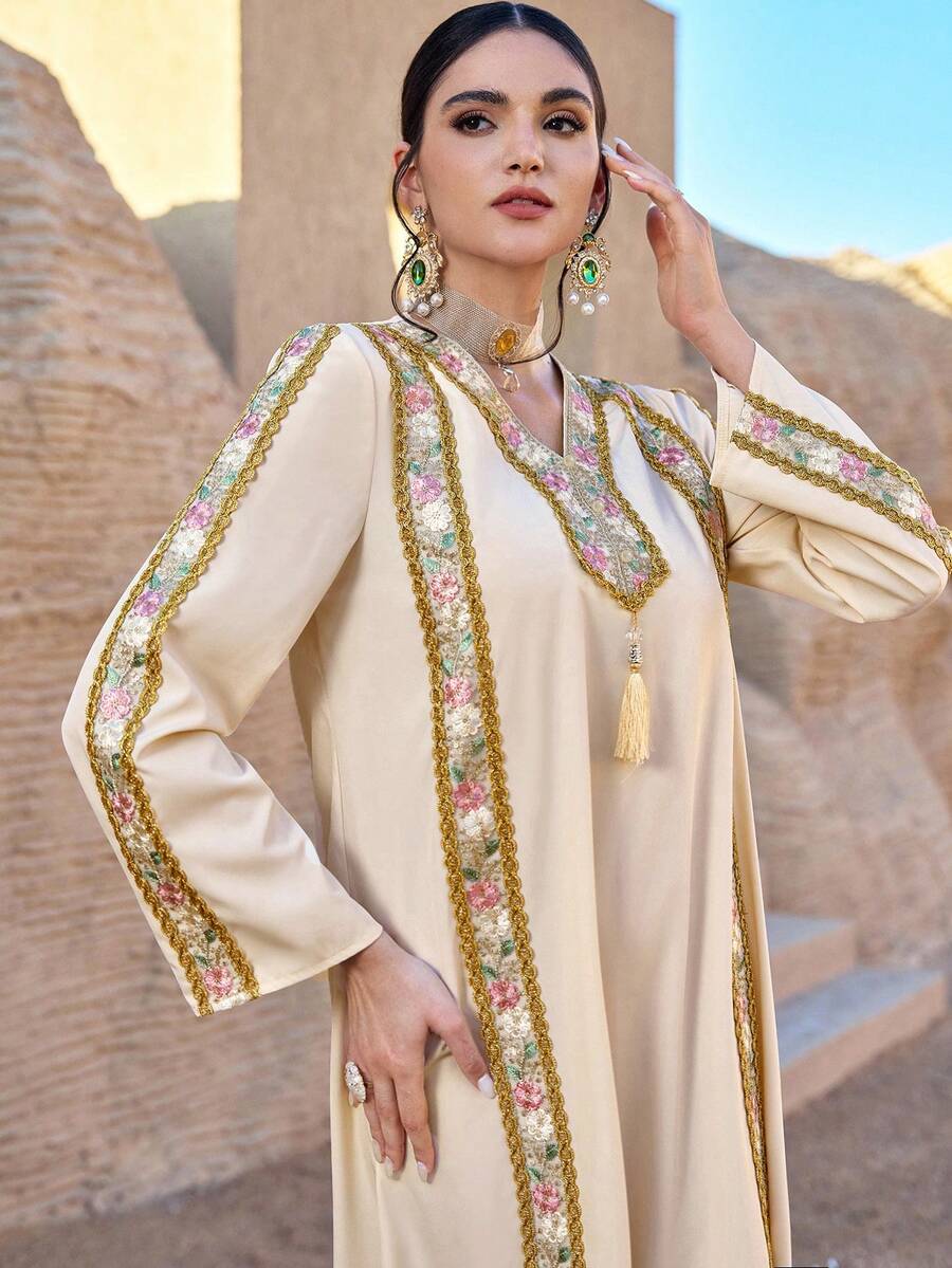 Al Najma Váy Maxi Thổ Nhĩ Kỳ dành cho nữ & Áo Abaya truyền thống Ả Rập - Màu be - Xem 1