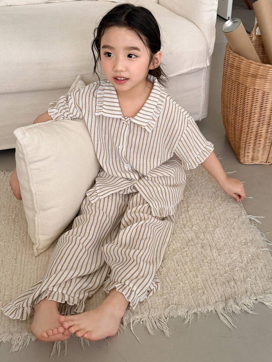 DAZY Set pijama confortabil cu cămașă și pantaloni cu dungi, pentru fetiță, vacanță de vară - alb - Vizualizare 1