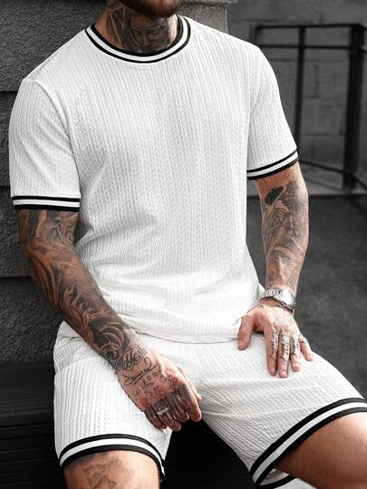 Manfinity CasualCool Men's Striped Crew Neck Short Sleeve Casual Breathable T-Shirt Set, Summer,Boyfriend Gift,White Texture Knitted Fabric Men White 2 Piece Outfit Men White Short Set Men Two Piece Set Summer Men Two Piece Casual Short Sets Men Knitted Set,Weekend Trips, Outdoor Activities, Travel Expeditions, Relaxed Work Environments Or Semi-Formal Occasions, Boyfriend/Husband Gift, Anniversary /Birthday Gift Party Summer Vacation Holiday New Years Wedding Valentine's Day
