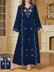 SHEIN Najma Women's Retro Floral & Botanical Digital Print V-Neck Long Sleeve Elegant Arabic Style Dress, Spring/Summer - Multicolor - View 1