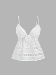 Sweetra Women's Vintage Sexy Slim Elegant College Style Vacation Versatile Comfortable White 3D Floral Camisole Top, Spring/Summer - White - View 1