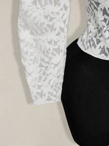 SHEIN ICON Women's Fashionable Lace See-Through Front Tie Blouse, Summer - White - View 6