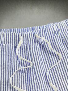 HIMLAND Men's Striped Woven Drawstring Waist Casual Shorts With Slant Pockets Mens Summer Short Mens Swing Trunks Mens Swim Trunk Bathing Suit Blue And White Swim Trunks Mens Striped Shorts - Blue - View 2