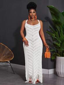 Slaydiva 大码夏季无袖镂空透视修身长款连衣裙 女士连衣裙 长款连衣裙 流苏连衣裙 白色连衣裙 高品质连衣裙 女士连衣裙 正式礼服 Ycv9w 女士连衣裙折扣码 女士派对连衣裙 惊艳连衣裙 - 白色 - 查看 4