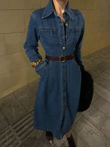 DAZY Women's Long Sleeve Fashionable Front Button Down Long Denim Dress, Casual Everyday Wear - Dark Wash - View 6