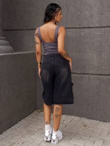 Rayane Ketlyn 女士多口袋宽松阔腿五点式牛仔短裤 - 黑色 - 查看 4