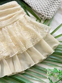 Soleia WYWH Women's Super Low Waist Lace Mesh Double Ruffle Tie Slit Maxi Skirt, Vacation - Light Yellow - View 3