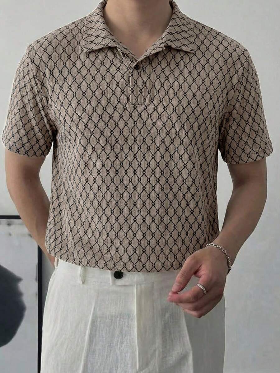 HUEFORM Men's All-Over Print Casual Versatile Summer Short Sleeve Polo Shirt Beige Graphic Polo Shirt - Khaki - View 1