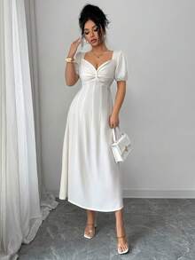 Selianne 女士优雅纯色仿亚麻方领扭结灯笼袖收腰A字连衣裙，春夏款 - 杏色 - 查看 6