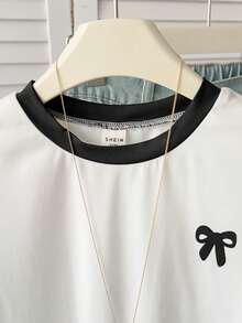 SHEIN 女童基础款修身撞色领蝴蝶结印花针织纯色T恤，白色 - 白色 - 查看 3