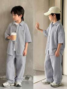 2pcs Kids/Tween Boys' Casual Striped Collar Open Front Loose Short Sleeve Shirt And Pants Set