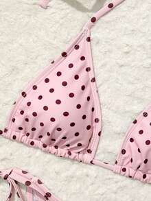 Bonvoyette Summer New Beach Vacation Party Afternoon Tea Polka Dot Print Micro Triangle Side Tie Ruched 3 PiecesWomen Swimwear Set - Multicolor - View 5