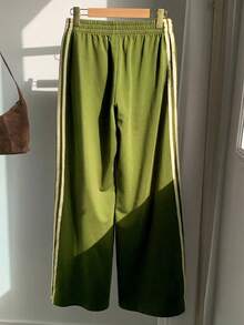 Comfortcana Women's Casual Everyday Commute School Sports Elastic Waist Green Contrast Striped Side Loose Wide Leg Sweatpants, Spring/Summer - Green - View 2