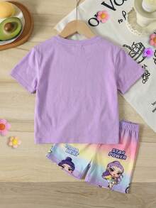 SHEIN Baby Girl Casual Chic Street Fashion Cartoon Girl Band Graphic Round Neck Short Sleeve T-Shirt And Shorts Set, Suitable For Spring/Summer - Multicolor - View 6