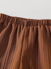 SHEIN 女童两件套：杏色褶皱蝴蝶结装饰吊带背心 + 焦糖棕色条纹阔腿裤，时尚休闲套装，适合日常、度假、夏季穿着 - 咖啡棕 - 查看 7