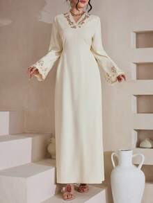 Al Najma Đầm Ả Rập màu mơ, cổ chữ V, viền bèo nhún, thắt eo, dáng xòe thanh lịch dành cho nữ. - Màu be - Xem 7