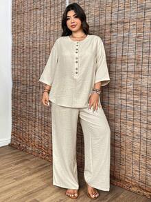 EMERY ROSE Plus Size Linen-Like Texture Round Neck 3/4 Sleeve Loose Shirt + Elastic Waist Straight Leg Loose Pants 2 Pieces Set, Casual Commute Elegant Outgoing Holiday Party Outfit - Apricot - View 4