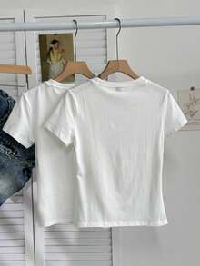 Tseoso 两件套白色短袖T恤，休闲简约，适合秋、冬、春、夏穿着，95%棉，百搭 - 白色 - 查看 2