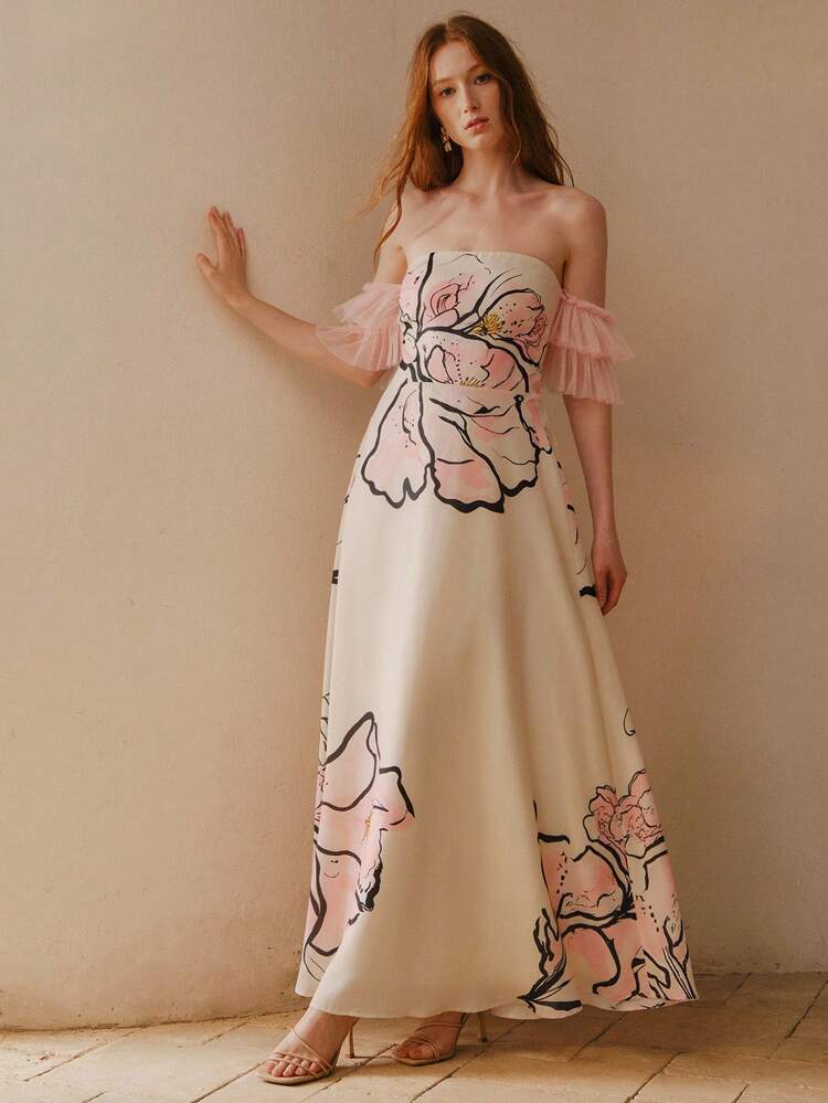 WOMEN'S FLORAL PRINT OFF THE SHOULDER WAIST DRESS