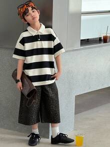 DAZY Tween Boy Casual Striped Quarter Button Short Sleeve T-Shirt, Summer - Black and White - View 3