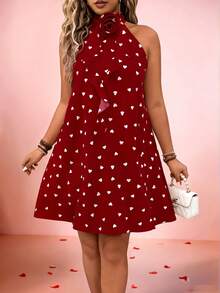 EMERY ROSE 女士甜美优雅3D立体花朵荷叶边领心形A字情人节连衣裙 - 紅色 - 查看 3