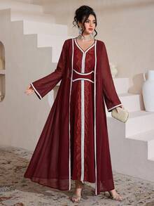 Al Najma Set de 2 piezas de cárdigan con cintura ajustada, decoración de encaje y ribete de contraste para mujer, moda, primavera/otoño - Burdeos - Ver 7