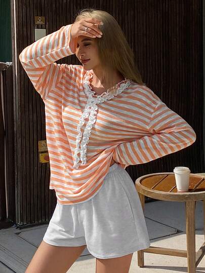 DAZY Contrast Color Ruffle Trim Striped Loose Top & White Shorts Women Pajama Set