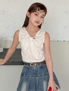 Dazy Kids Tween Girl Polka Dot Print Ruffle V-Neck Casual Tank Top - White - View 4