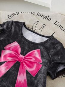 Vestido de verano para niñas jóvenes de moda con efecto desgastado, lazo y estampado de letras - Gris Claro - Ver 7