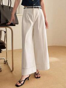 DAZY 女士高腰褶皱宽松直筒裤，休闲都市风 - 白色 - 查看 7