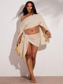 SHEIN BAE 大码女式长袖仿亚麻系带套装 - 卡其色 - 查看 5