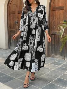 Vivie Lora Women's Loose Fit Mid-Length Graphic Print Dress, Black & White - Black and White - View 3