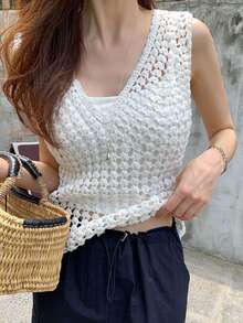 DAZY Crochet Hollow-Out Sweet Versatile Blouse, Bohemian Summer Top, Women Knitted Sleeveless Vest - White - View 1