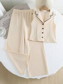 SHEIN 2 pièces Ensemble gilet et pantalon pour préadolescentes en tissu tressé de couleurs contrastées - Nude - Voir 6