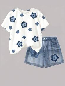 复古碎花图案少女休闲圆领短袖T恤短裤两件套，适合春夏日常穿着、居家、上学——春夏套装，女童时尚套装，休闲装，儿童碎花图案服装，春夏时尚，春夏服装