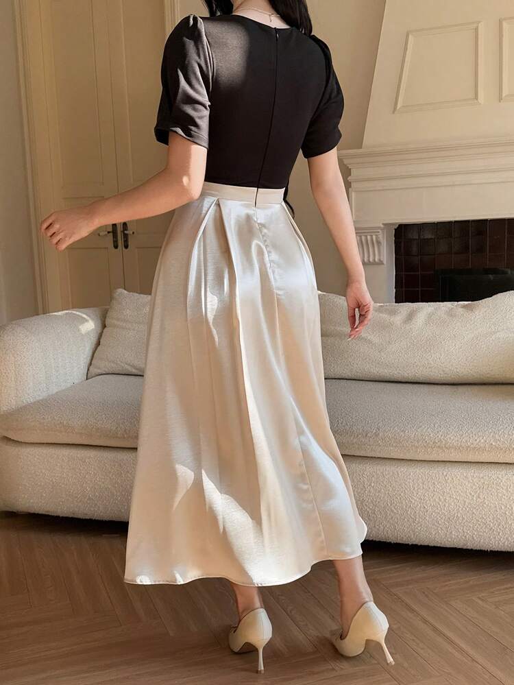 Women's Contrast Color Sweetheart Neck Puff Sleeve Tie Waist Elegant Dress Summer Dress Sundress