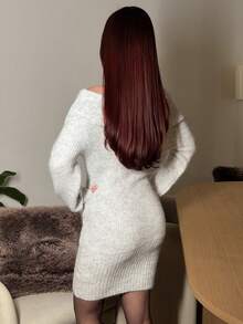 Abrilcols 灰色露肩高领长袖迷你毛衣裙，上衣宽松下装紧身，适合年轻女士，秋冬 - 灰色 - 查看 3