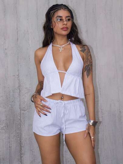 Rayane Ketlyn 蓝白条纹亚麻深V露背吊带背心，低腰抽绳宽松休闲短款沙滩性感可爱优雅浪漫夏季女式上衣
