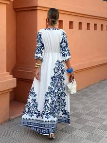 Selianne Women's Vacation Floral Print A-Line V-Neck Dress, Casual Vacation Dress, Blue & White Vacation Print - Multicolor - View 2