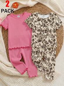 4件套女婴纯粉色圆领短袖上衣和碎花柔软针织裤舒适睡衣套装 - 彩色 - 查看 5