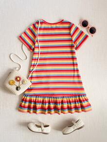 SHEIN Young Girl Casual Colorful Striped Ruffle Hem Dress, Summer - Red - View 4