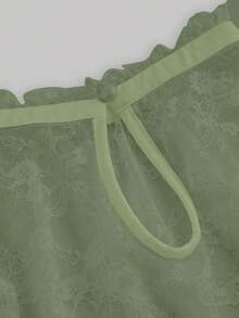 SHEIN MOD 复古浪漫透视蕾丝花苞领短袖上衣 夏季女装上衣 - 綠色 - 查看 3