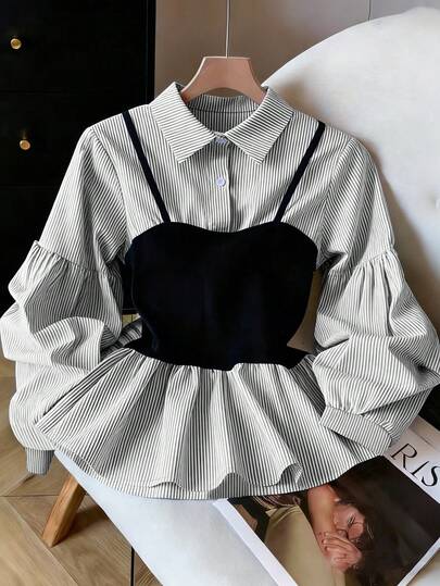 GlowEve Women's Blue Striped Patchwork Ribbed Fabric Collared V-Neck Cinched Waist Irregular Ruffle Long Sleeve Blouse, Sophisticated Design, Elegant For Birthday, Date, Party, Formal Occasion, Cocktail, Music Festival, Valentine's Day, Easter, Labor Day, Back To School, Single's Day, Holiday, Work, Spring Shirt, New Arrival, Niche Design, Versatile, Sophisticated Long Sleeve Patchwork Shirt Top